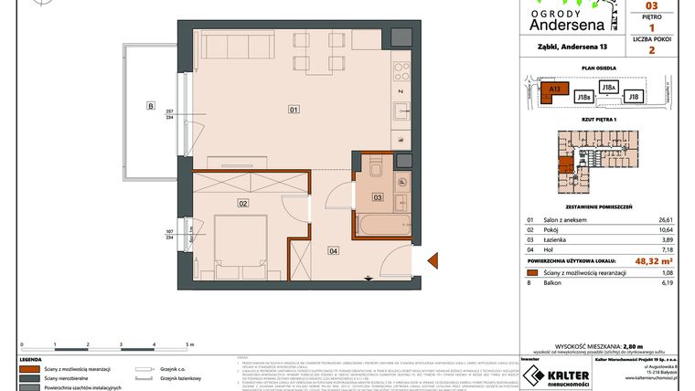 Rzut - Mieszkanie na sprzedaż 2 pokoje o powierzchni 48,32 m² - numer 3A w Ogrody Andersena