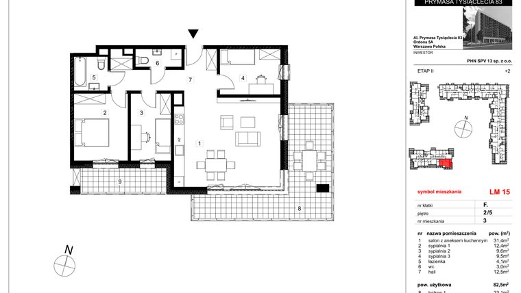 Rzut - Mieszkanie na sprzedaż 4 pokoje o powierzchni 82,5 m² - numer 15 w Vis A Vis Wola - etap II