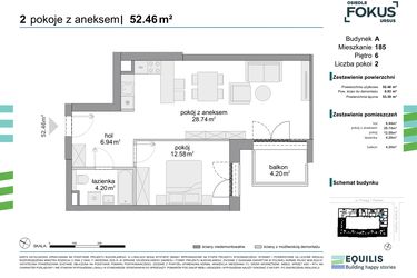 Rzut - Mieszkanie na sprzedaż 2 pokoje o powierzchni 52,46 m² - numer 185 w Osiedle Fokus Ursus