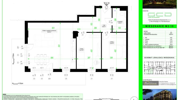 Rzut - Mieszkanie na sprzedaż 3 pokoje o powierzchni 68,49 m² - numer 2.10. w City Park Apartments