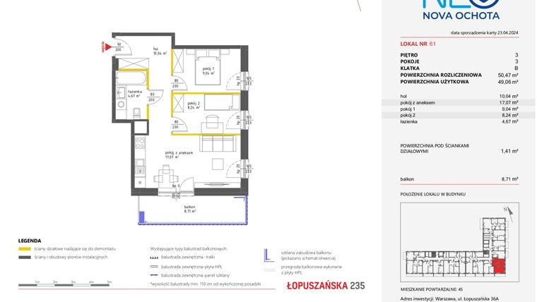 Rzut - Mieszkanie na sprzedaż 3 pokoje o powierzchni 50,47 m² - numer 61 w Neo Nova Ochota