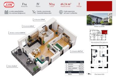 Rzut - Mieszkanie na sprzedaż 2 pokoje o powierzchni 46,24 m² - numer 24 w Tęczowy Zakątek F-14