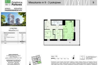Rzut - Mieszkanie na sprzedaż 3 pokoje o powierzchni 48,59 m² - numer 9/B8 w Dzielnica Parkowa VIII