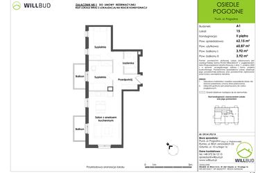 Rzut - Mieszkanie na sprzedaż 3 pokoje o powierzchni 60,87 m² - numer OP/A1/P2/15 w Osiedle Pogodne etap I