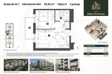 Rzut - Mieszkanie na sprzedaż 2 pokoje o powierzchni 39,4 m² - numer B1.M13 w Osiedle Zielona Chorzowska