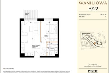 Rzut - Mieszkanie na sprzedaż 2 pokoje o powierzchni 38,55 m² - numer WA2/B/22 w Waniliowa