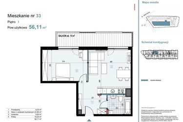 Rzut - Mieszkanie na sprzedaż 2 pokoje o powierzchni 56,11 m² - numer 33 w Medyków 32