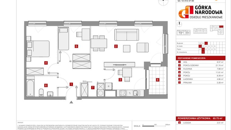 Rzut - Mieszkanie na sprzedaż 3 pokoje o powierzchni 65,73 m² - numer GN_4_1_I_3 w Osiedle Górka Narodowa