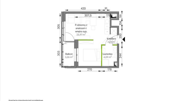 Rzut - Mieszkanie na sprzedaż 1 pokój o powierzchni 30,3 m² - numer C1/02/32 w WUWA Vita