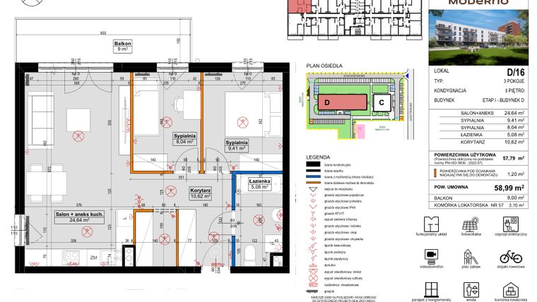 Rzut - Mieszkanie na sprzedaż 3 pokoje o powierzchni 58,99 m² - numer D.16 w Osiedle Moderno