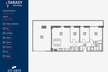 Rzut - Mieszkanie na sprzedaż 4 pokoje o powierzchni 73,61 m² - numer B2.M.6.7 w Tarasy Sobieskiego