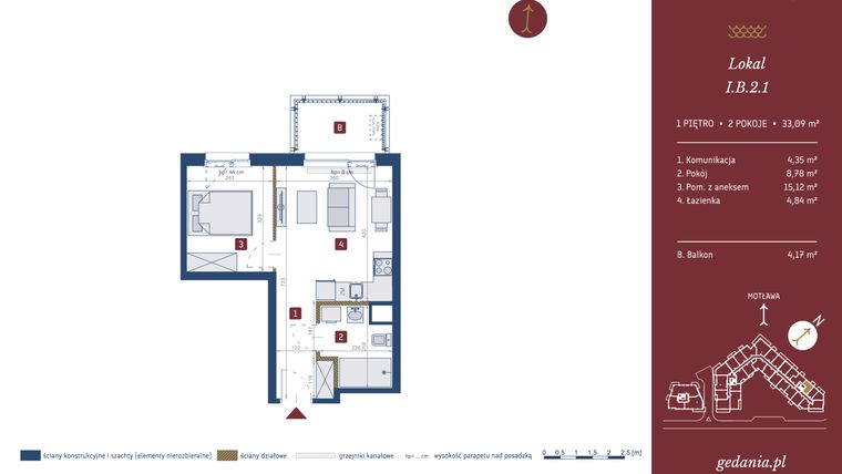 Rzut - Mieszkanie na sprzedaż 2 pokoje o powierzchni 33,09 m² - numer I.B.2.1 w GEDANIA Riverside Living - apartamenty inwestycyjne