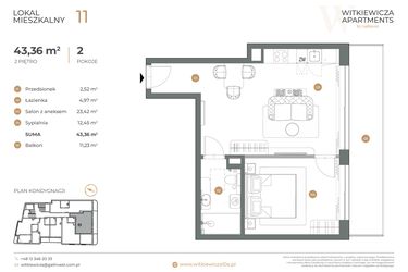 Rzut - Mieszkanie na sprzedaż 2 pokoje o powierzchni 43,36 m² - numer 11 w Witkiewicza Apartments
