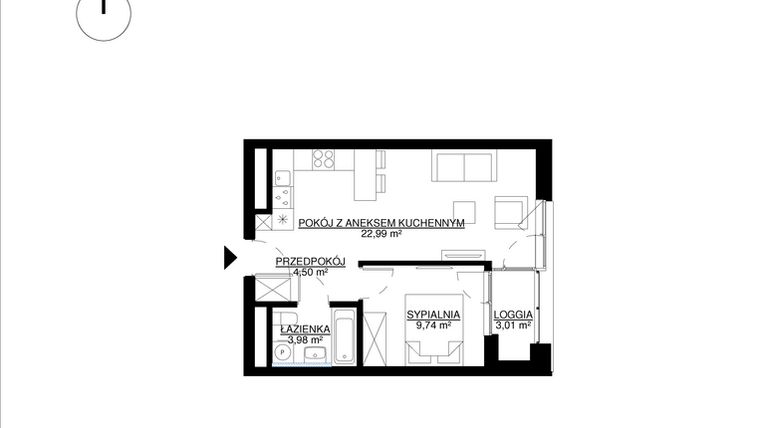 Rzut - Mieszkanie na sprzedaż 2 pokoje o powierzchni 41,21 m² - numer M22 w KrakoVska etap 2
