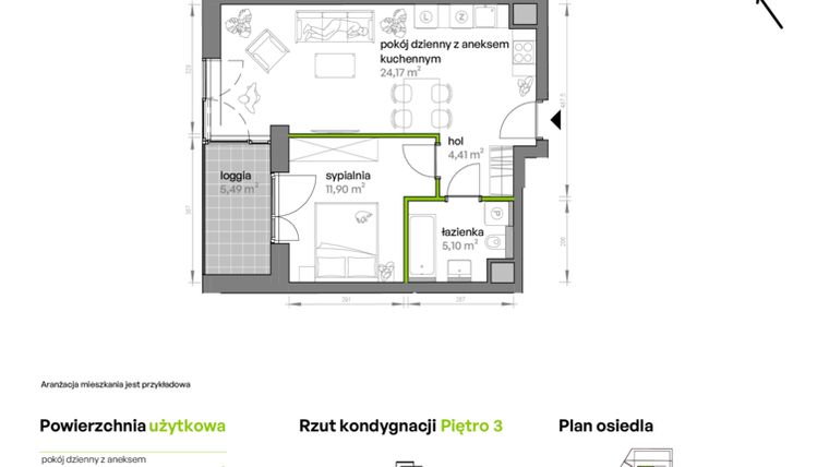 Rzut - Mieszkanie na sprzedaż 2 pokoje o powierzchni 47,42 m² - numer AA0305 w Ptasia Vita