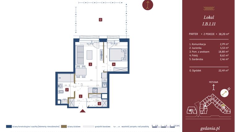 Rzut - Mieszkanie na sprzedaż 2 pokoje o powierzchni 38,2 m² - numer I.B.1.11 w GEDANIA Riverside Living - apartamenty inwestycyjne