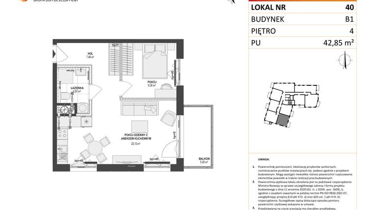 Rzut - Mieszkanie na sprzedaż 2 pokoje o powierzchni 42,85 m² - numer 40 w Leśna Góra