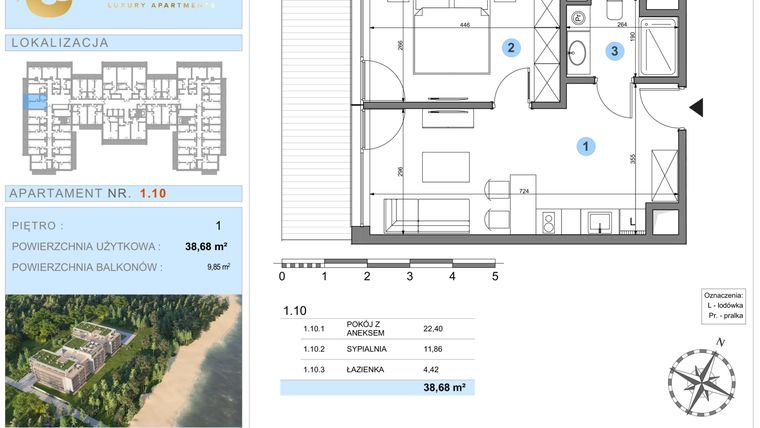 Rzut - Mieszkanie na sprzedaż 1 pokój o powierzchni 38,68 m² - numer 1.10 w Ustronie Luxury Apartments