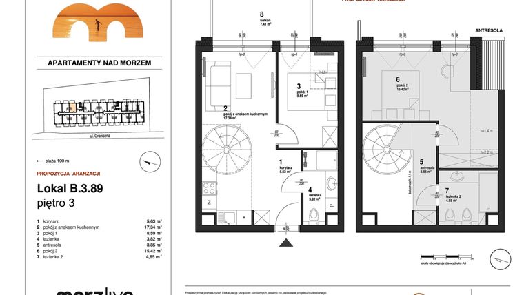 Rzut - Mieszkanie na sprzedaż 3 pokoje o powierzchni 61,85 m² - numer B.3.89 w Morzlive