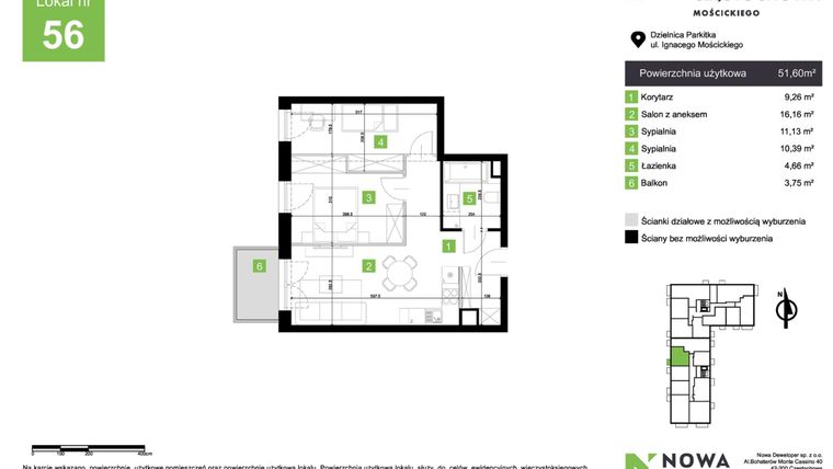 Rzut - Mieszkanie na sprzedaż 3 pokoje o powierzchni 51,6 m² - numer M56 w Nowa Częstochowa Mościckiego