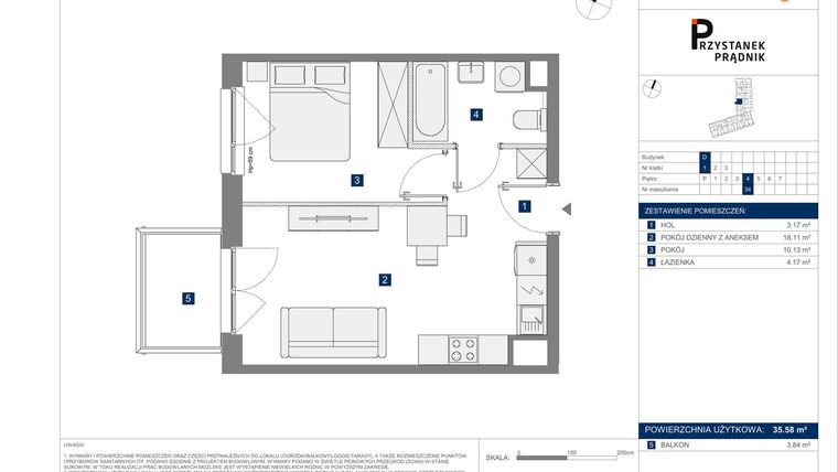 Rzut - Mieszkanie na sprzedaż 2 pokoje o powierzchni 35,58 m² - numer 34 w Przystanek Prądnik