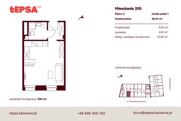 Rzut - Mieszkanie na sprzedaż 1 pokój o powierzchni 28,7 m² - numer M205 w Tepsa Kato