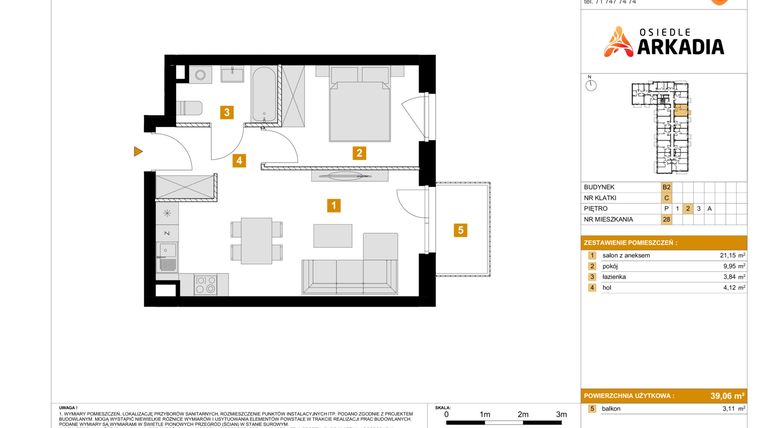 Rzut - Mieszkanie na sprzedaż 2 pokoje o powierzchni 39,06 m² - numer 28 w Osiedle Arkadia