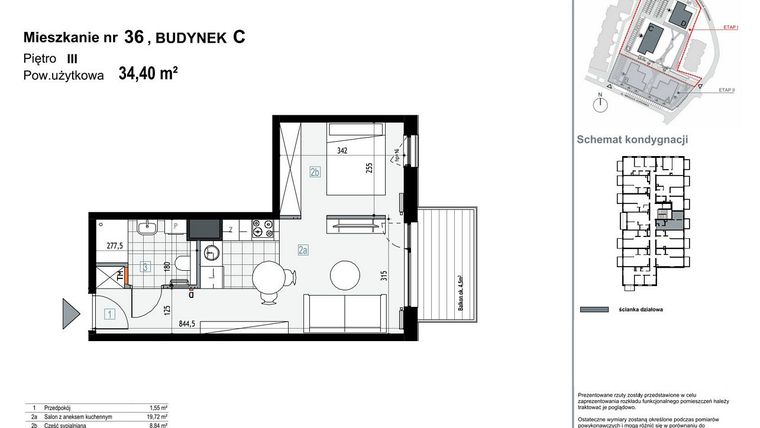 Rzut - Mieszkanie na sprzedaż 1 pokój o powierzchni 34,4 m² - numer C36 w Apartamenty Kopernika