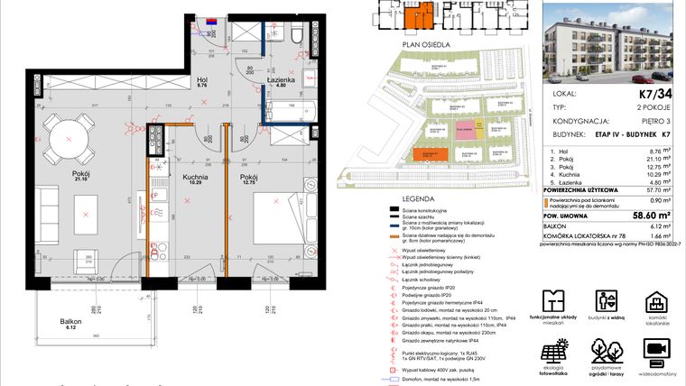 Rzut - Mieszkanie na sprzedaż 2 pokoje o powierzchni 57,65 m² - numer K7/34 w Kleszczewo Park - etap IV