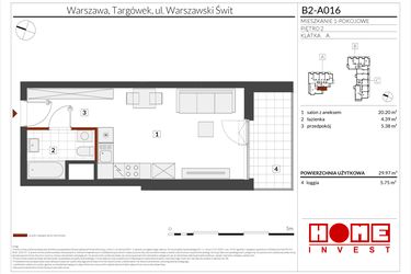 Rzut - Mieszkanie na sprzedaż 1 pokój o powierzchni 29,97 m² - numer B2-A016 w Warszawski Świt etap IX