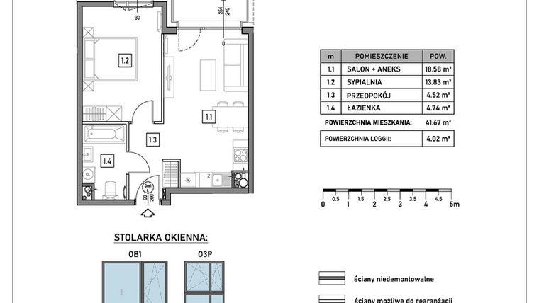 Rzut - Mieszkanie na sprzedaż 2 pokoje o powierzchni 41,67 m² - numer A.2.1 w GreenLine