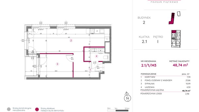 Rzut - Mieszkanie na sprzedaż 2 pokoje o powierzchni 48,74 m² - numer 2.1/1/M3 w Lechicka 65