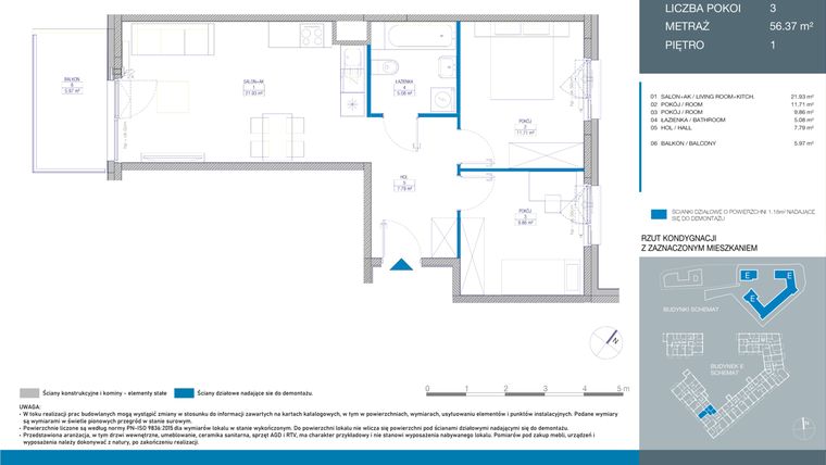 Rzut - Mieszkanie na sprzedaż 3 pokoje o powierzchni 56,37 m² - numer EE0104 w Spokojny Mokotów