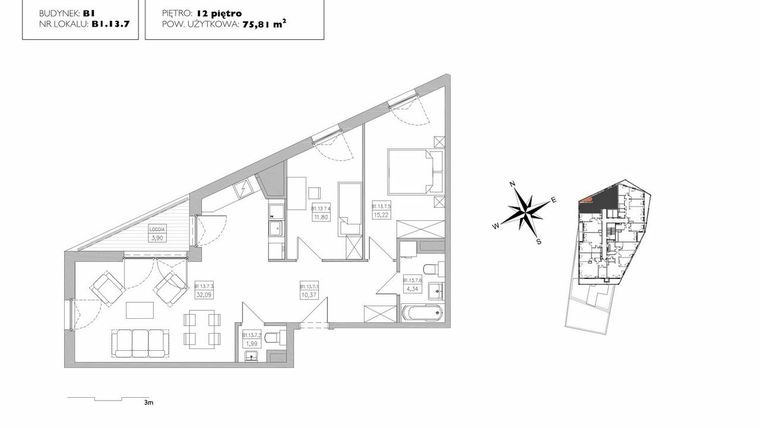 Rzut - Mieszkanie na sprzedaż 3 pokoje o powierzchni 75,81 m² - numer B1.13.7 w Alvarium 2.0