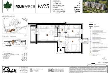 Rzut - Mieszkanie na sprzedaż 3 pokoje o powierzchni 64,41 m² - numer B1.M25 w Felin Park II
