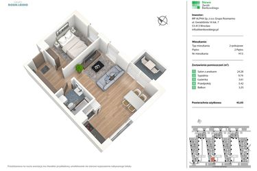 Rzut - Mieszkanie na sprzedaż 2 pokoje o powierzchni 43,05 m² - numer H13 w Nowe Żerniki Bieńkowskiego etap II