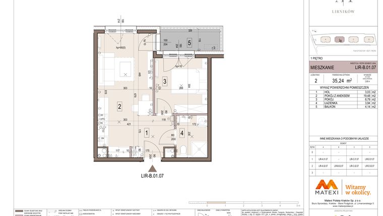 Rzut - Mieszkanie na sprzedaż 2 pokoje o powierzchni 35,24 m² - numer B.01.07 w Takt Lirników