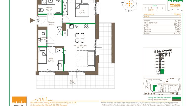 Rzut - Mieszkanie na sprzedaż 3 pokoje o powierzchni 56,74 m² - numer D/17 w Ostródzka 123 - I etap