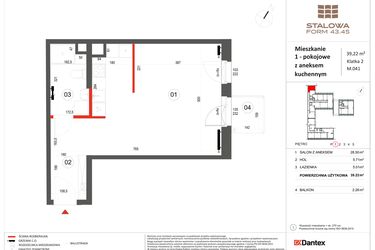 Rzut - Mieszkanie na sprzedaż 1 pokój o powierzchni 39,22 m² - numer 41 w Stalowa Form 43.45