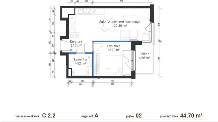Rzut - Mieszkanie na sprzedaż 2 pokoje o powierzchni 44,7 m² - numer C 2.2 w Nowe Zabłocie