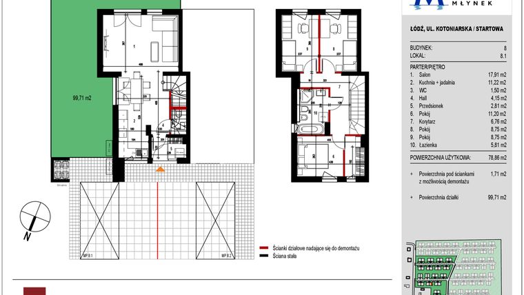 Rzut - Mieszkanie na sprzedaż 4 pokoje o powierzchni 78,79 m² - numer 8.1 w Przystań Młynek