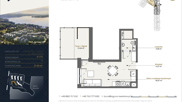 Rzut - Mieszkanie na sprzedaż 1 pokój o powierzchni 27,02 m² - numer G.114 w Laguna Beskidów
