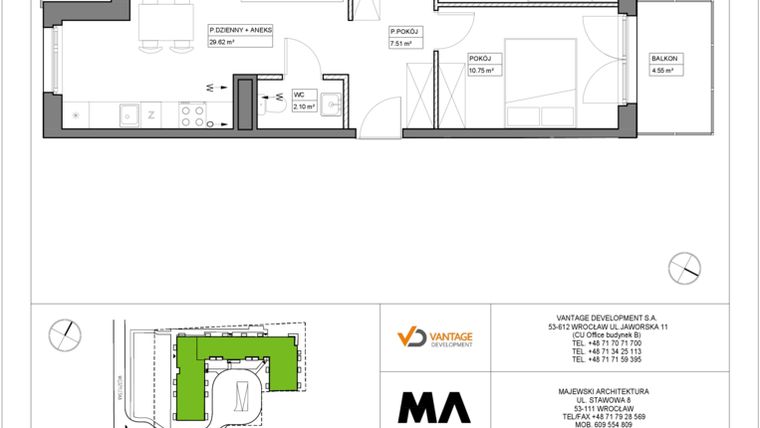 Rzut - Mieszkanie na sprzedaż 3 pokoje o powierzchni 65,88 m² - numer PT/B/5/3 w Przystanek Tarnogaj