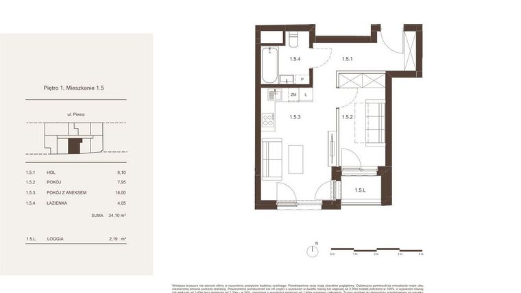 Rzut - Mieszkanie na sprzedaż 2 pokoje o powierzchni 34,1 m² - numer 1.5 w Piwna 21