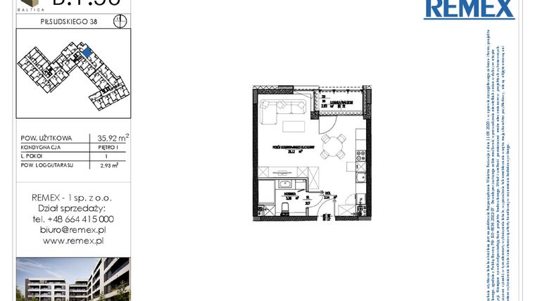 Rzut - Mieszkanie na sprzedaż 1 pokój o powierzchni 35,92 m² - numer B.1.56 w Osiedle BALTICA