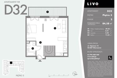 Rzut - Mieszkanie na sprzedaż 1 pokój o powierzchni 84,58 m² - numer D32 w Livo