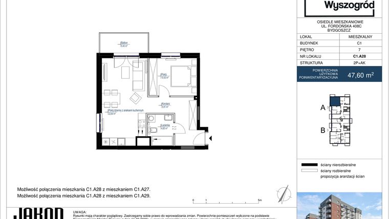 Rzut - Mieszkanie na sprzedaż 2 pokoje o powierzchni 47,6 m² - numer C1.A28 w Nowy Wyszogród etap II