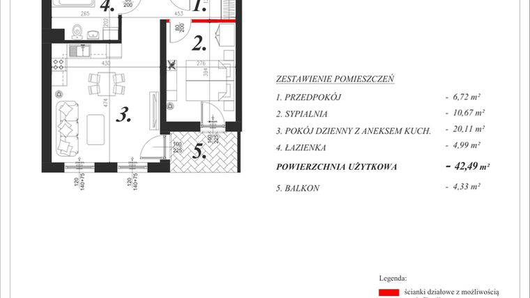 Rzut - Mieszkanie na sprzedaż 2 pokoje o powierzchni 42,49 m² - numer 14 w Enklawa Milanówek