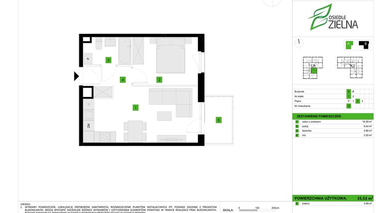 Rzut - Mieszkanie na sprzedaż 2 pokoje o powierzchni 35,53 m² - numer A13 w Osiedle Zielna IV faza 2