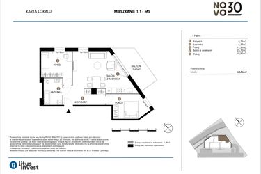 Rzut - Mieszkanie na sprzedaż 3 pokoje o powierzchni 64,36 m² - numer 1.1-M3 w NOVO 30